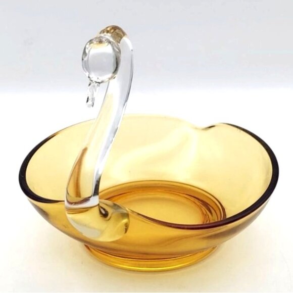 Vintage MCM Viking Glass Amber Swan Candy Dish Applied Clear Glass Neck & Head - Picture 1 of 6